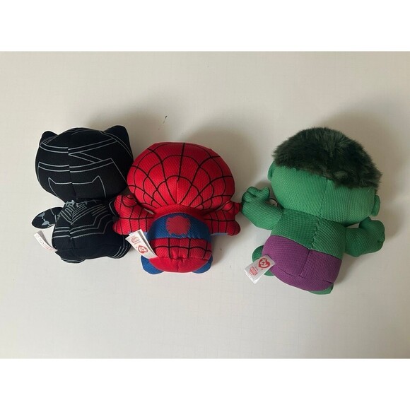 3 Marvel Beanie Babies Plush - Hulk - Spider-Man - Black Panther - Picture 2 of 4
